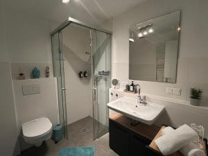 ein Badezimmer mit Dusche, Waschbecken und Toilette in der Unterkunft Modernes Apartment mit Balkon und Parkplatz Zentrum in Hannover + 23 Fotos