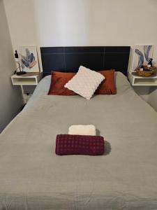 un lit avec deux oreillers et une couverture rouge et blanche dans l'établissement departamentos temporarios corrientes, à Corrientes