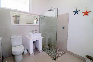 a bathroom with a toilet and a sink and a shower at Arniston Holiday Cottage in Arniston