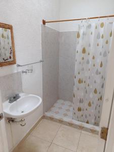 une salle de bain avec un lavabo et un rideau de douche dans l'établissement Casa Victor Manuel, à La Sabana 2 autres photos