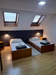 2 camas en una habitación con 2 tragaluces en Rooms Baranjska Oaza, en Bilje