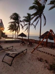a beach with chairs and umbrellas and palm trees at Casa con alberca frente del mar de Santa clara Yucatan in Santa Clara