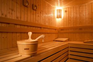 a sauna with a bucket and a shower in it at Hotel Štekl in Hluboká nad Vltavou