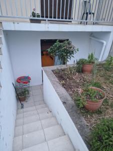 a stairway with potted plants and a chair at l'appartement idéal pour visiter Paris in Champigny-sur-Marne