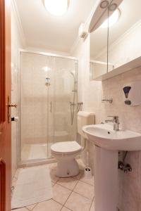 a bathroom with a shower and a toilet and a sink at Gosti&scaron;če Pri Dveh Petelinih in Bled