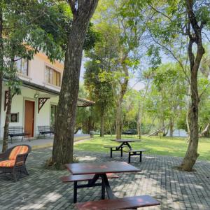 a group of picnic tables and benches in a park at Tranquility Holiday Home in Balapitiya