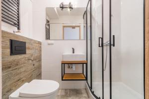 een badkamer met een douche, een toilet en een wastafel bij APARTAMENT nr 5 in Kąty Rybackie