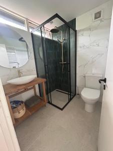 Un baño con ducha, inodoro y lavabo. en Beach Hangout Hygge, en Den Burg