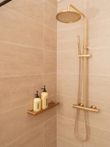 a bathroom with a shower with two soap bottles on shelves at The Old Winery Cottage No1 in Shepton Mallet
