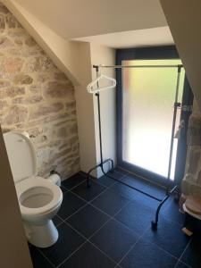 a bathroom with a toilet and a glass door at LE CAP in Erquy