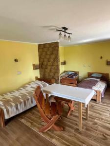 a room with two beds and a table and a bed at Pokoje Noclegowe - Agroturystyka in Brzostek