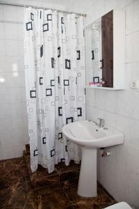 ピテシュティにあるHotel Metropolのバスルーム(白いシャワーカーテン、シンク付)