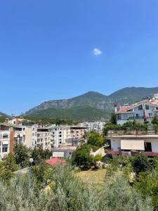 une ville avec des bâtiments et des montagnes en arrière-plan dans l'établissement Tirana’s Elevated Apartment, à Tirana