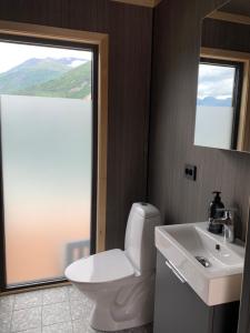 a bathroom with a toilet and a sink and a window at Stryn Golden Resort - Panorama II in Stryn +41 photos