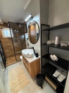 a bathroom with a sink and a shower with a mirror at RORADA Apartament in Făgăraş +26 photos