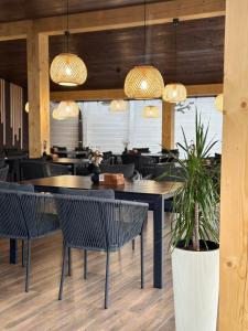 a restaurant with tables and chairs and potted plants at Villa Shale MarSo in Bukovel