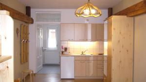 a kitchen with a white refrigerator and a chandelier at Apartment im Fläming auch für Rollifahrer in Rietdorf