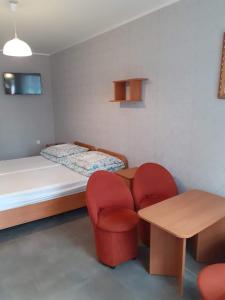 a room with a bed and a chair and a table at W Sosnach E in Dziwnówek