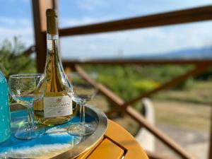 ヴァーチにあるStockholm Vendégházのテーブルの上にワインのボトルとグラス2つ