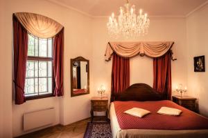 a bedroom with a bed and a chandelier at Hotel Štekl in Hluboká nad Vltavou +95 photos