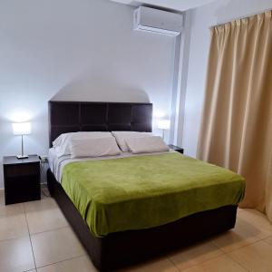 ベナビデスにあるdepartamento en Nordelta condo 216 2 amb bahia de Nordeltaのベッドルーム1室(大型ベッド1台、緑の毛布付) +8枚の写真