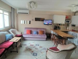 un salon avec un canapé rose et une cuisine dans l'établissement İstanbulda merkezi pitoresk konum müstakil yeni ev, à Istanbul