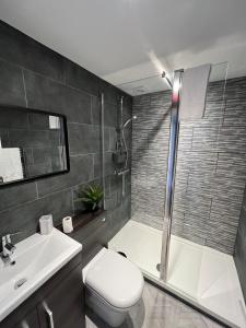 科克茅斯The Globe Apartments的配有马桶、水槽和淋浴的浴室