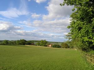 a large green field with a house in the distance at Oak Tree Farm in Yoxford