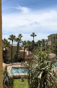 a swimming pool in a resort with palm trees at Cabo Oasis At Misiones in Cabo San Lucas