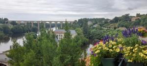 a view of a river with flowers and a bridge at Beau Maison in Le Vigeant