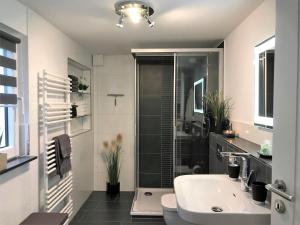 a bathroom with a sink and a shower and a toilet at Ferienhaus Stamer in Eckernförde