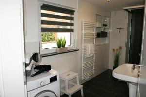 a bathroom with a sink and a toilet and a window at Ferienhaus Stamer in Eckernförde +12 photos