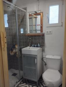 Un baño con inodoro, lavabo y ducha. en Casa Yuxiao rincón de tranquilidad, en Cádiz