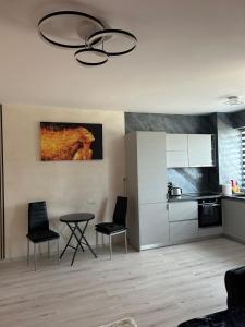 eine Küche mit 2 Stühlen und einem Tisch in einem Zimmer in der Unterkunft Alexia apartment in Târgu Mureș