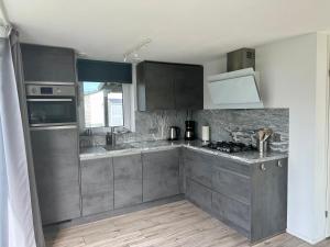 eine Küche mit grauen Schränken und einer Arbeitsplatte in der Unterkunft De Wielen 58 in Sint Maarten