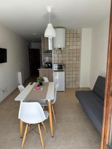 a kitchen and living room with a table and a couch at Apartamentos Peñaflor in Guadix