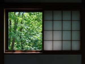 a window with a view of a forest of trees at Woody Island in Hakuba