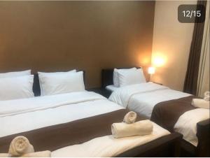 Rúm í herbergi á Borjomi Yellow Hotel