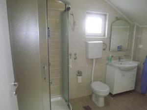 a bathroom with a shower and a toilet and a sink at Guest House Zasavica in Zasavica Druga
