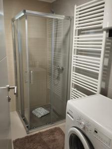 a glass shower stall in a bathroom with a washing machine at Family studio apartman in Karlovac +58 photos