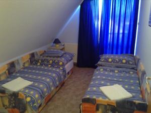 ザラカロシュにあるBabati Apartmanházの青いカーテンが備わる客室のベッド2台