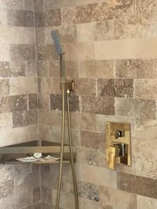 a shower with a tile wall with a toothbrush at Cataleya House in Oeşti-Pămînteni
