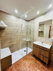 a bathroom with a shower and a sink at Hotel Salvador in Bailén