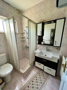 een badkamer met wastafel, douche en toilet bij Marin DenizeR Tatilevi in Amasra
