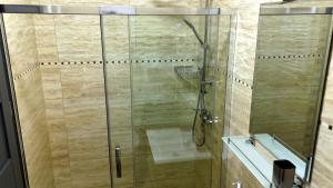 a shower with a glass door in a bathroom at Pensiunea Royal Panzió in Praid +39 photos