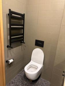 a bathroom with a white toilet in a stall at Krtsanisi Grande apartment in Tbilisi City +5 photos