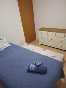 a bedroom with a bed with a blue blanket and a dresser at Apartamento in Paranoá