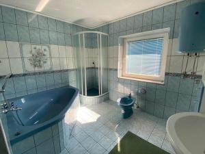 ein Badezimmer mit einer blauen Badewanne und einem WC in der Unterkunft Konak u Gradini in Tomislavgrad