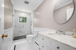 a bathroom with a toilet and a sink and a mirror at 42 Julien Road Harwich Port - Red River Retreat in Harwich Port +47 photos