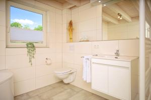 a bathroom with a toilet and a sink and a window at Blinkfüer in Nordhorn